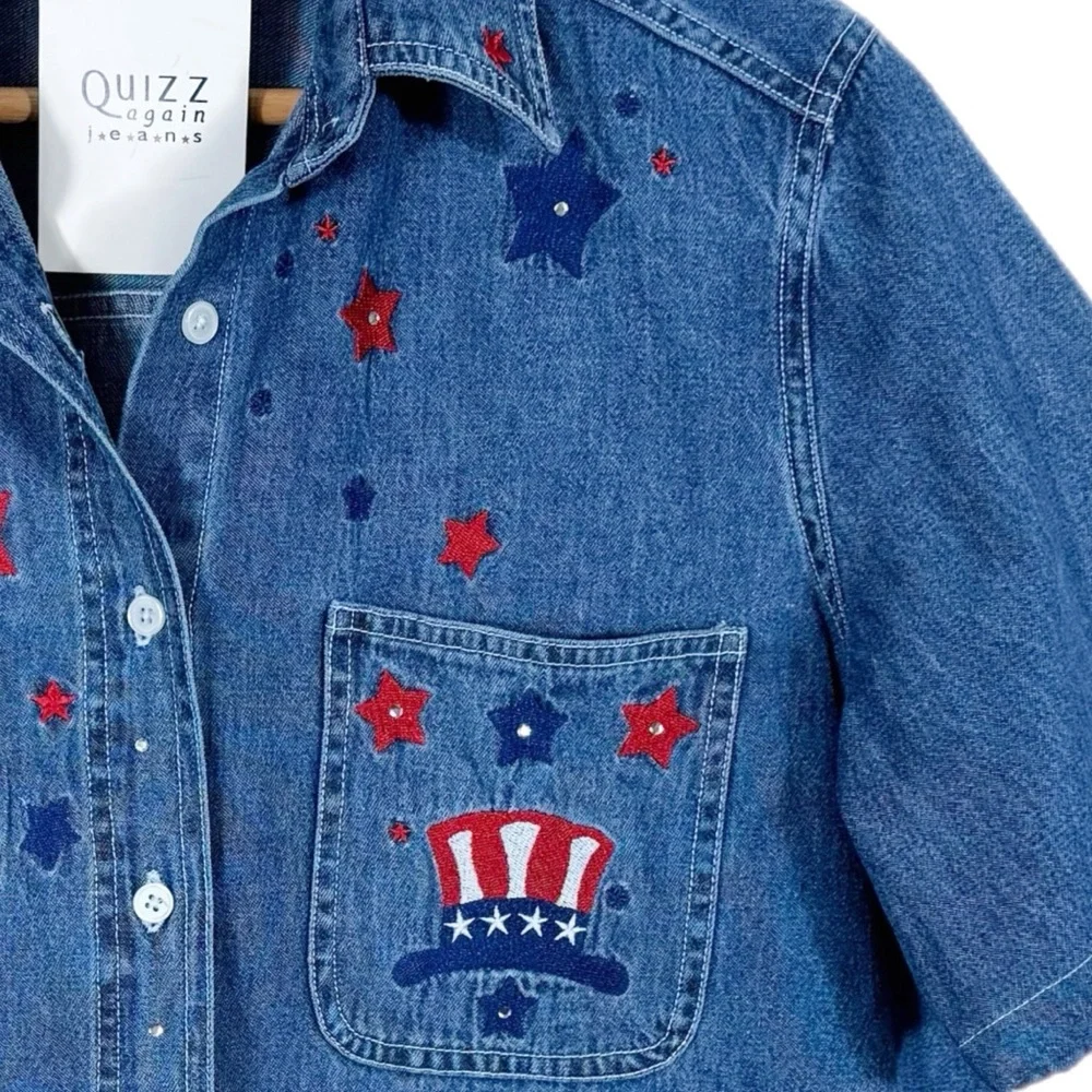 Vintage Women’s Quizz Again Patriotic Denim Shirt  L Red White Blue Americana - Picture 6 of 9